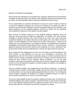 8 Mars 2017 Monsieur le Pr&eacute;sident de la R&eacute;publique, Nous sommes