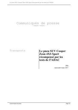 Le pneu SUV Cooper Zeon 4XS Sport r&eacute;compens&eacute; par les tests de l