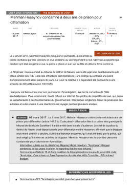 Mehman Huseynov condamn&eacute; &agrave; deux ans de prison pour diffamation