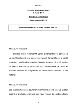Rapport d`ensemble sur la s&ucirc;ret&eacute; nucl&eacute;aire pour 2017