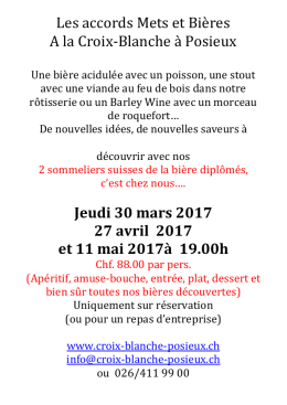 Soirée accords Mets et Bières jeudi 30 mars, 27 avril, 11 mai 2017