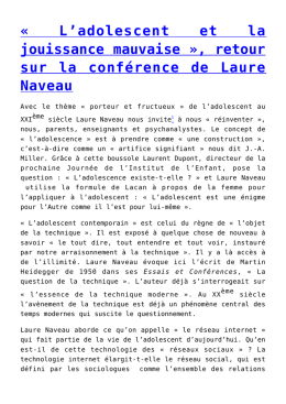 L`adolescent et la jouissance mauvaise &raquo;, retour - L`HEBDO-BLOG