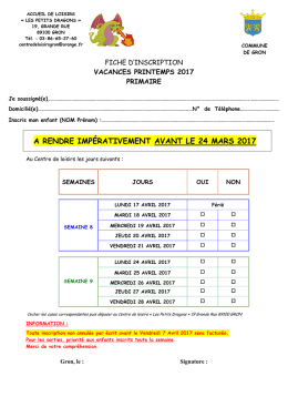 Inscription Vacances Printemps 2017 PRIMAIRE